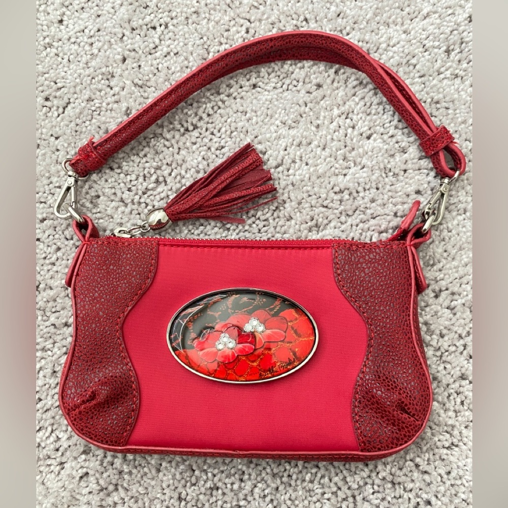 Debbie Brooks Mini Red Handbag With Rhinestones Floral Italian Leather